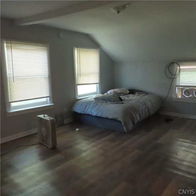 bedroom with multiple windows, dark hardwood / wood-style floors, and lofted ceiling