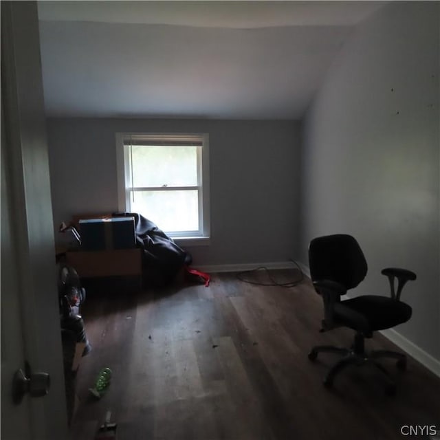 interior space with hardwood / wood-style flooring and vaulted ceiling