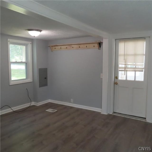 interior space with electric panel and dark wood-type flooring