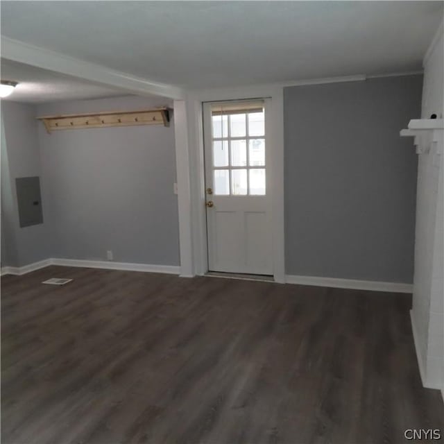 doorway with electric panel and dark hardwood / wood-style flooring