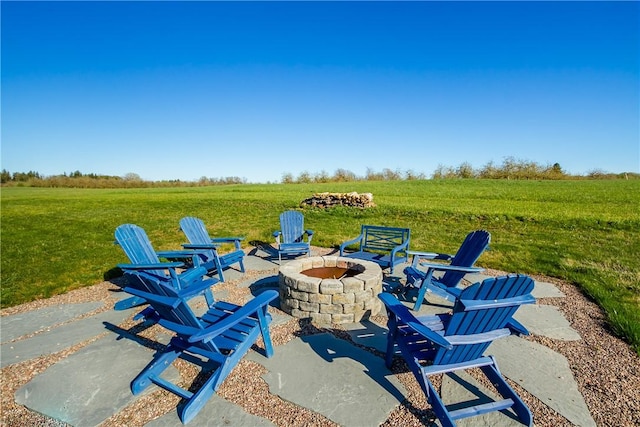 view of patio / terrace featuring a rural view and an outdoor fire pit