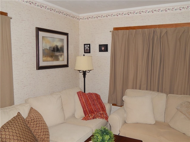 living room featuring crown molding