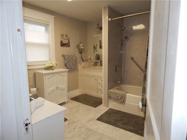 bathroom featuring shower / bath combination, tile floors, and large vanity