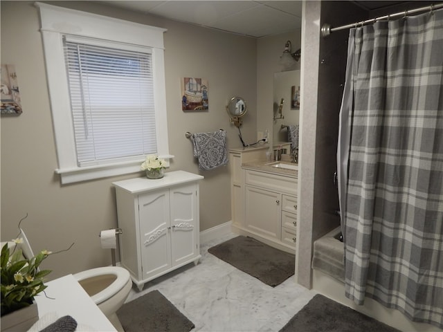 full bathroom with shower / bathtub combination with curtain, tile flooring, vanity, and toilet