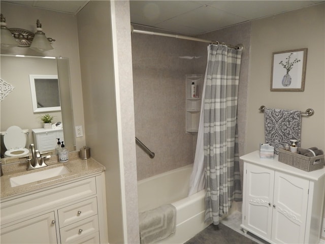 bathroom with vanity and shower / bath combo with shower curtain