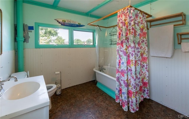 full bathroom featuring vanity, toilet, and shower / bath combo with shower curtain