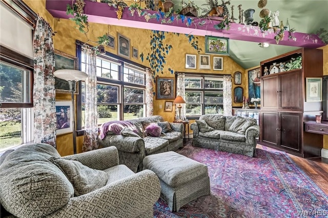 living area featuring hardwood / wood-style flooring and high vaulted ceiling