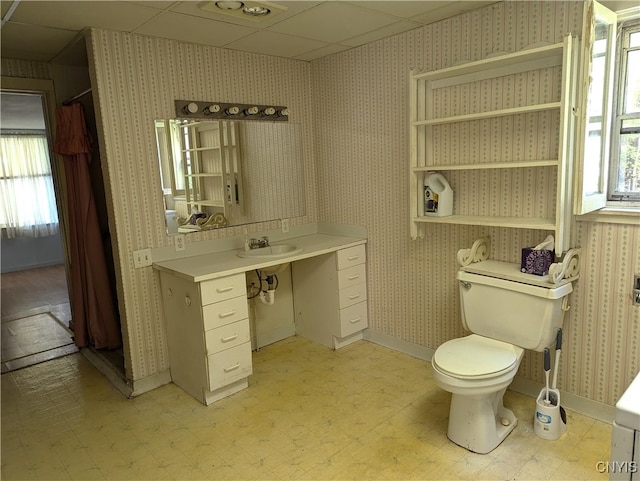 bathroom with toilet, a drop ceiling, and sink