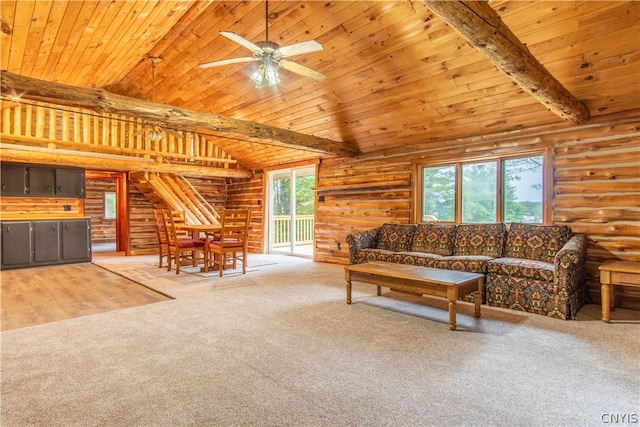 living room featuring ceiling fan, wood-type flooring, wood ceiling, and rustic walls