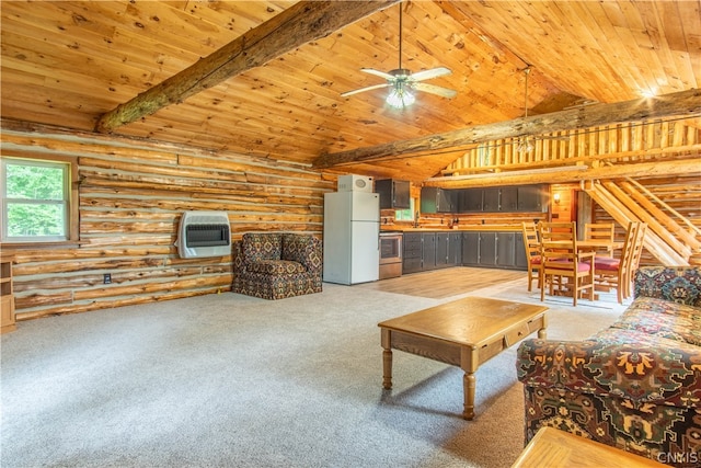 living room featuring carpet, log walls, and wood ceiling