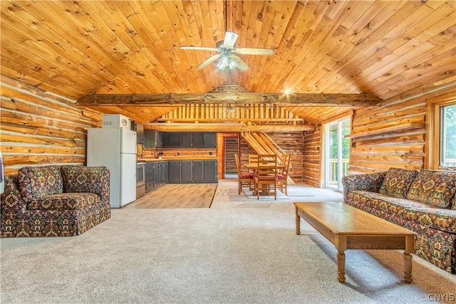 carpeted living room with ceiling fan, lofted ceiling with beams, wood ceiling, and rustic walls