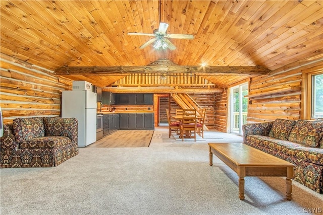 14141 Melanie Ln, Diana, NY 13648 - unfurnished living room with rustic walls, wood ceiling, light carpet, and a ceiling fan