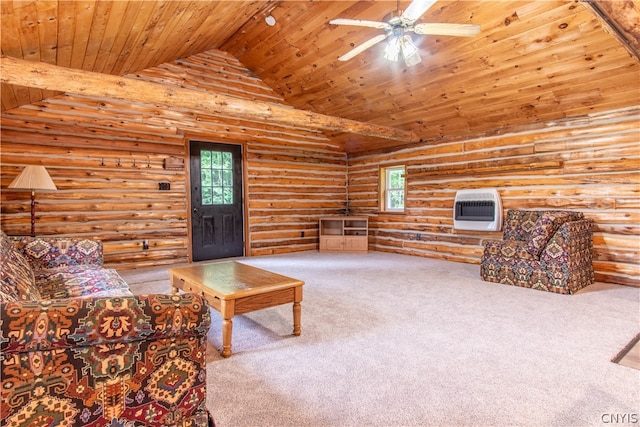 carpeted living room featuring ceiling fan, lofted ceiling, wooden ceiling, and rustic walls