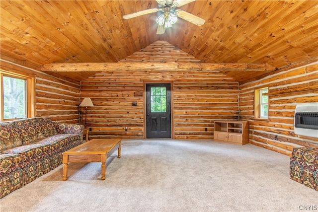 unfurnished living room with plenty of natural light, log walls, and wooden ceiling