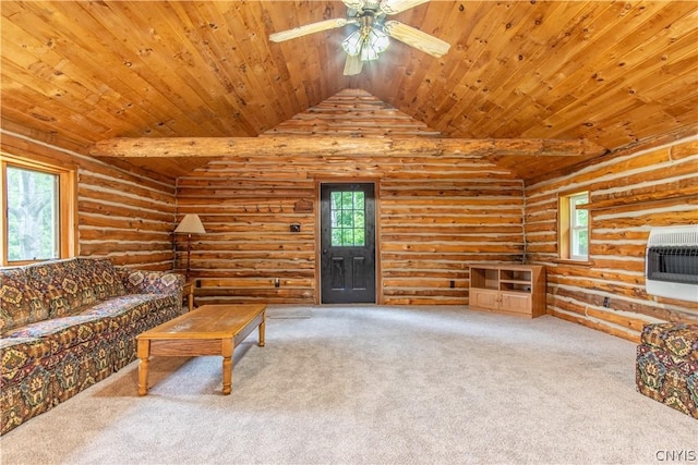 14141 Melanie Ln, Diana, NY 13648 - unfurnished living room featuring heating unit, wood ceiling, lofted ceiling, log walls, and carpet flooring