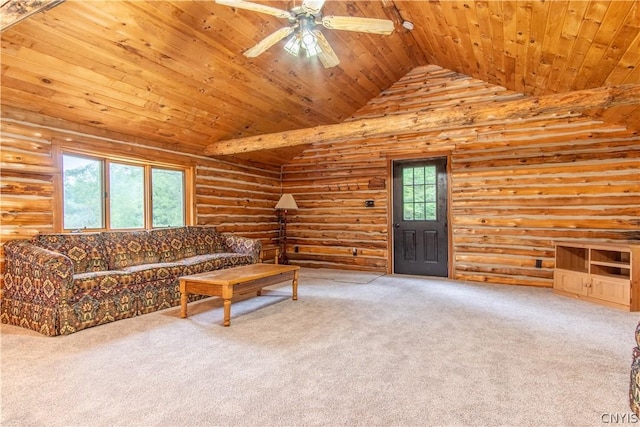 14141 Melanie Ln, Diana, NY 13648 - unfurnished living room with rustic walls, wood ceiling, carpet floors, lofted ceiling, and a ceiling fan