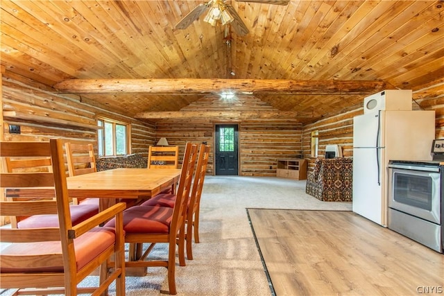 14141 Melanie Ln, Diana, NY 13648 - dining space featuring rustic walls, wooden ceiling, healthy amount of natural light, ceiling fan, and light wood finished floors