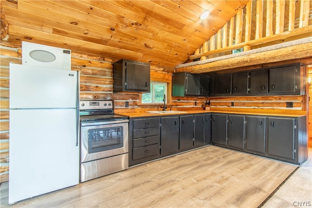 kitchen featuring white appliances, sink, vaulted ceiling, light hardwood / wood-style flooring, and wood ceiling