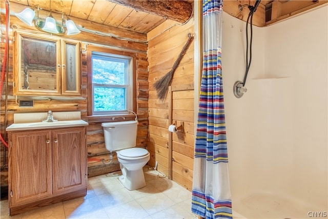 bathroom featuring log walls, tile patterned floors, toilet, vanity, and wooden ceiling