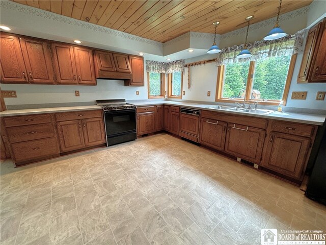 kitchen featuring sink, wood ceiling, decorative light fixtures, dishwasher, and black range with electric stovetop