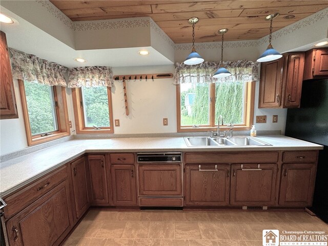 kitchen with a healthy amount of sunlight, sink, wooden ceiling, and dishwasher