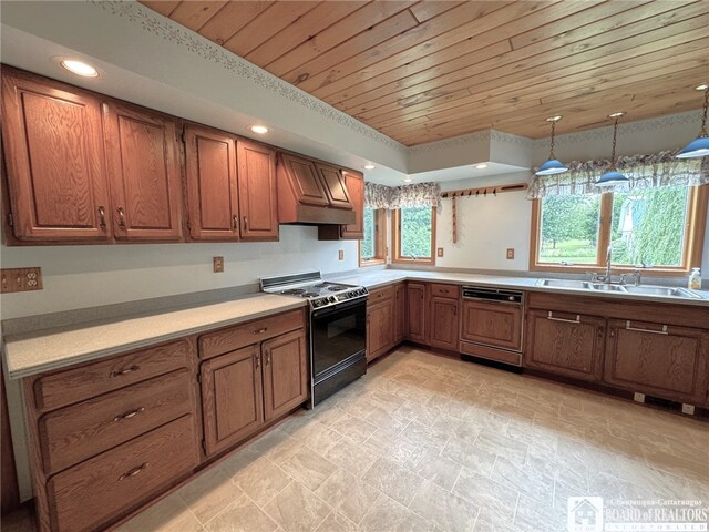 kitchen with black electric range oven, sink, wood ceiling, decorative light fixtures, and paneled dishwasher