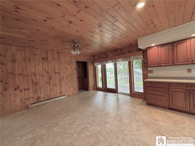 interior space featuring ceiling fan, wooden walls, wooden ceiling, and baseboard heating