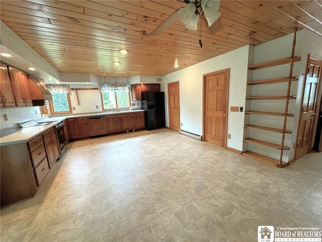 kitchen with wooden ceiling, a baseboard heating unit, black refrigerator with ice dispenser, and range with electric stovetop