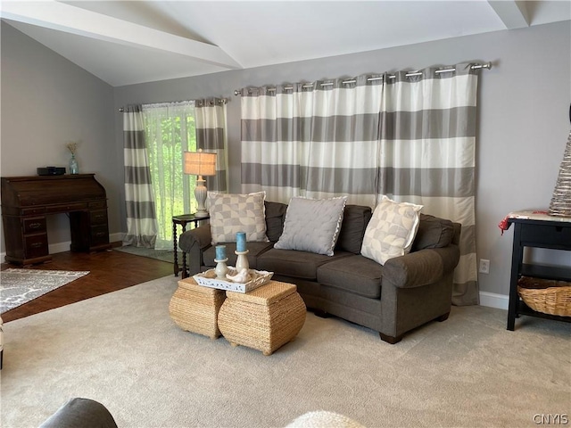 living room with carpet and vaulted ceiling