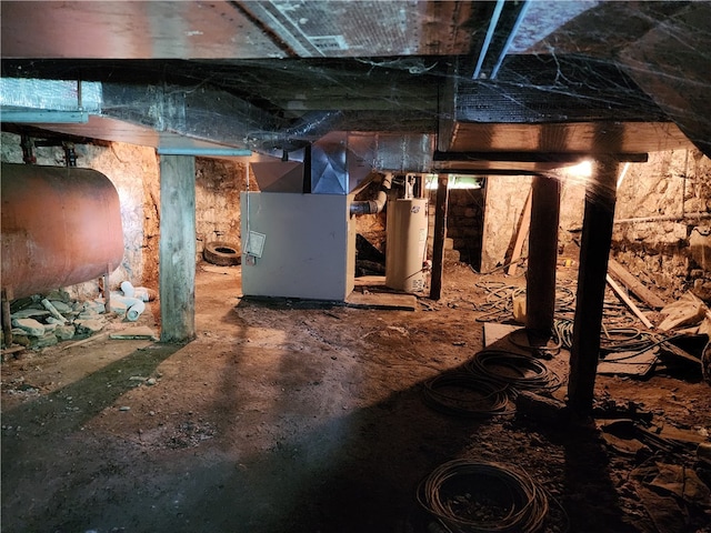 basement with heating unit and water heater