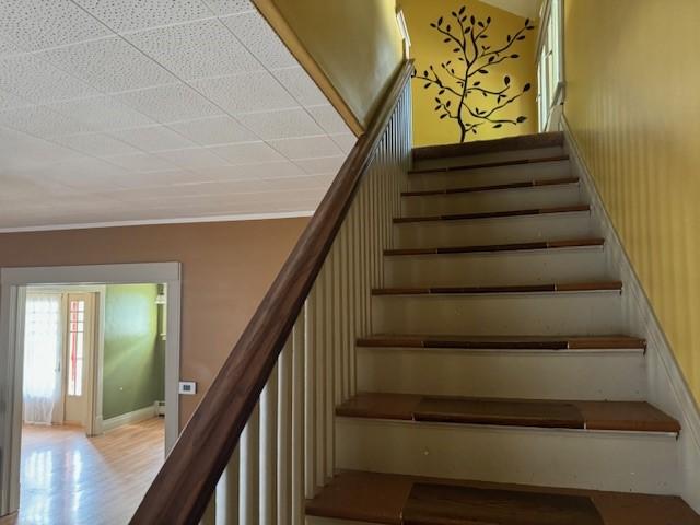 staircase featuring wood finished floors and ornamental molding