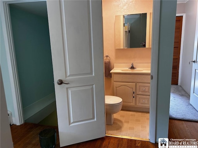 bathroom with vanity, toilet, and wood-type flooring