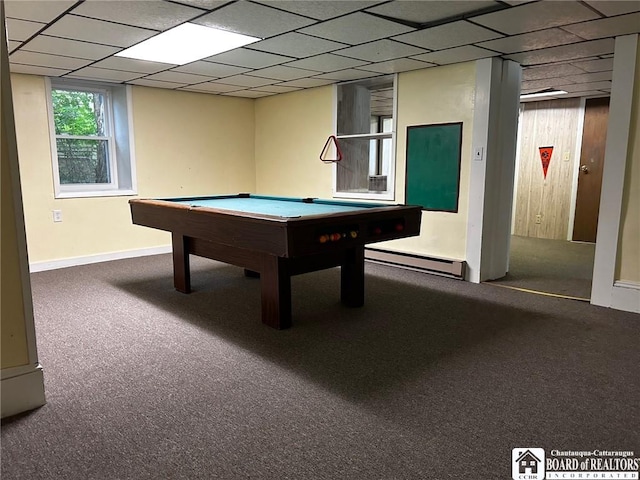 recreation room with baseboard heating, a paneled ceiling, pool table, and carpet