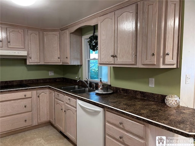 kitchen featuring black electric stovetop, white dishwasher, light brown cabinetry, and sink