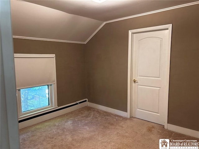 bonus room featuring lofted ceiling, light colored carpet, and baseboard heating