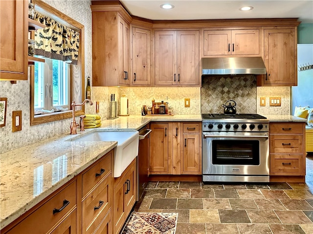 kitchen with decorative backsplash, stainless steel appliances, light stone counters, and ventilation hood