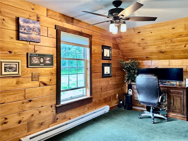 carpeted home office with lofted ceiling, wood walls, ceiling fan, and baseboard heating