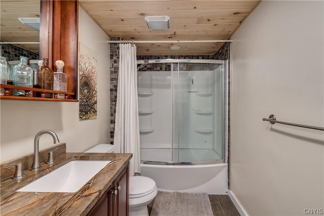 full bathroom with vanity, toilet, combined bath / shower with glass door, and wooden ceiling