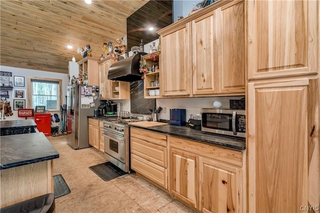 kitchen with wall chimney range hood, wood ceiling, light tile patterned floors, appliances with stainless steel finishes, and light brown cabinetry