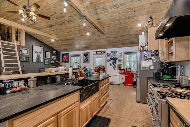 kitchen featuring extractor fan, sink, track lighting, and wooden ceiling