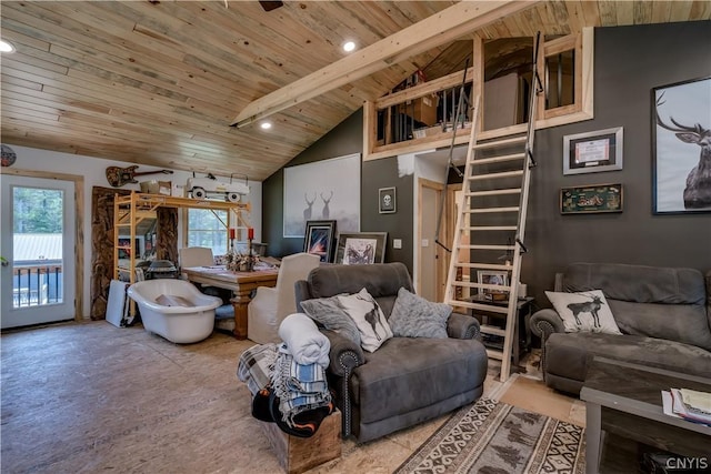 living room featuring high vaulted ceiling, beam ceiling, and wooden ceiling