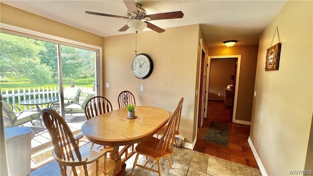 tiled dining space with ceiling fan