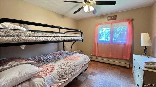 bedroom with ceiling fan and a baseboard radiator