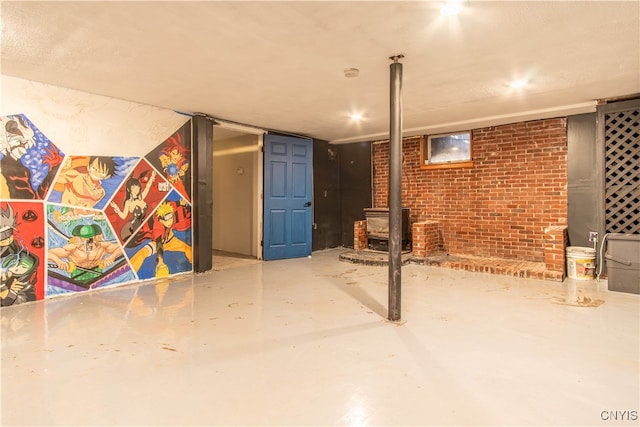 basement with a wood stove