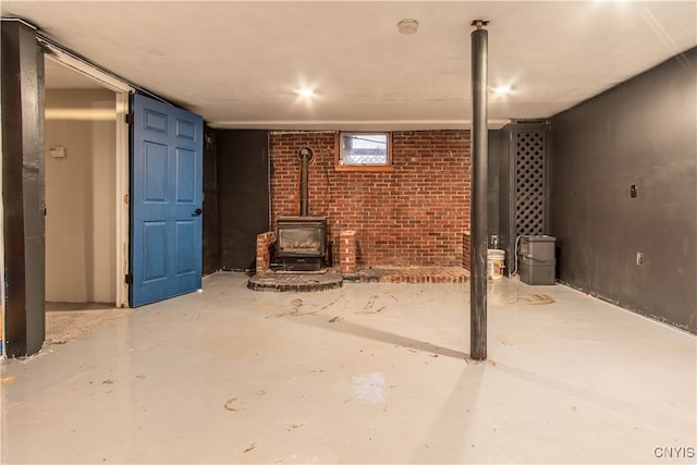 basement with a wood stove