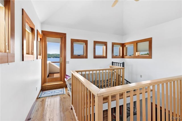 hall with lofted ceiling and light hardwood / wood-style flooring