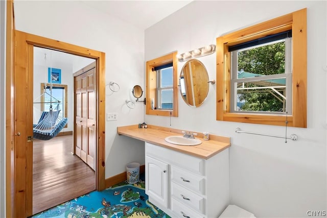 bathroom with vanity and wood-type flooring