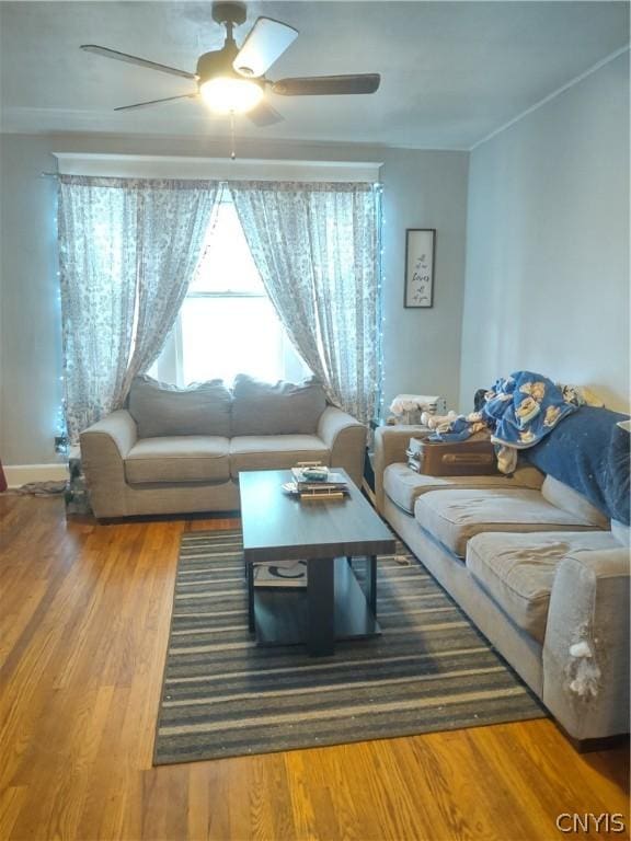 living room with hardwood / wood-style flooring and ceiling fan