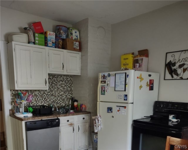 kitchen with dishwasher, black range with electric stovetop, backsplash, white cabinets, and white fridge