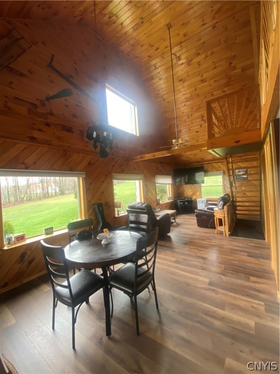 dining space with wooden walls, ceiling fan, wooden ceiling, hardwood / wood-style flooring, and high vaulted ceiling